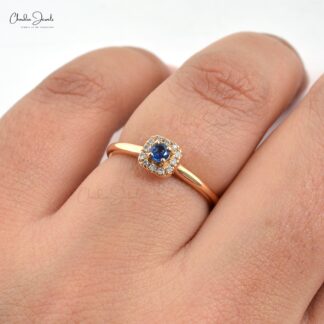 AAA Blue Sapphire Halo Diamond Ring In 14k Yellow Gold September Birthstone Jewelry