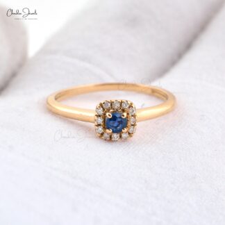 AAA Blue Sapphire Halo Diamond Ring In 14k Yellow Gold September Birthstone Jewelry