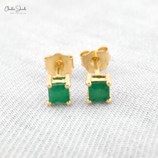 Natural Emerald Solitaire Studs In 14k Yellow Gold Gemstone Push Back Hallmark Earrings
