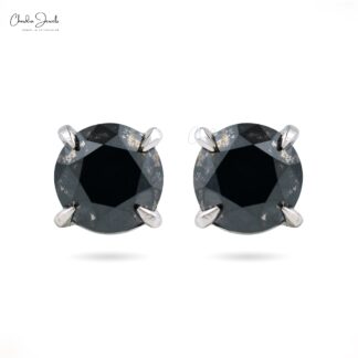 Solid 14k White Gold Solitaire Studs With 6mm Black Diamond Push Back Handmade Earrings