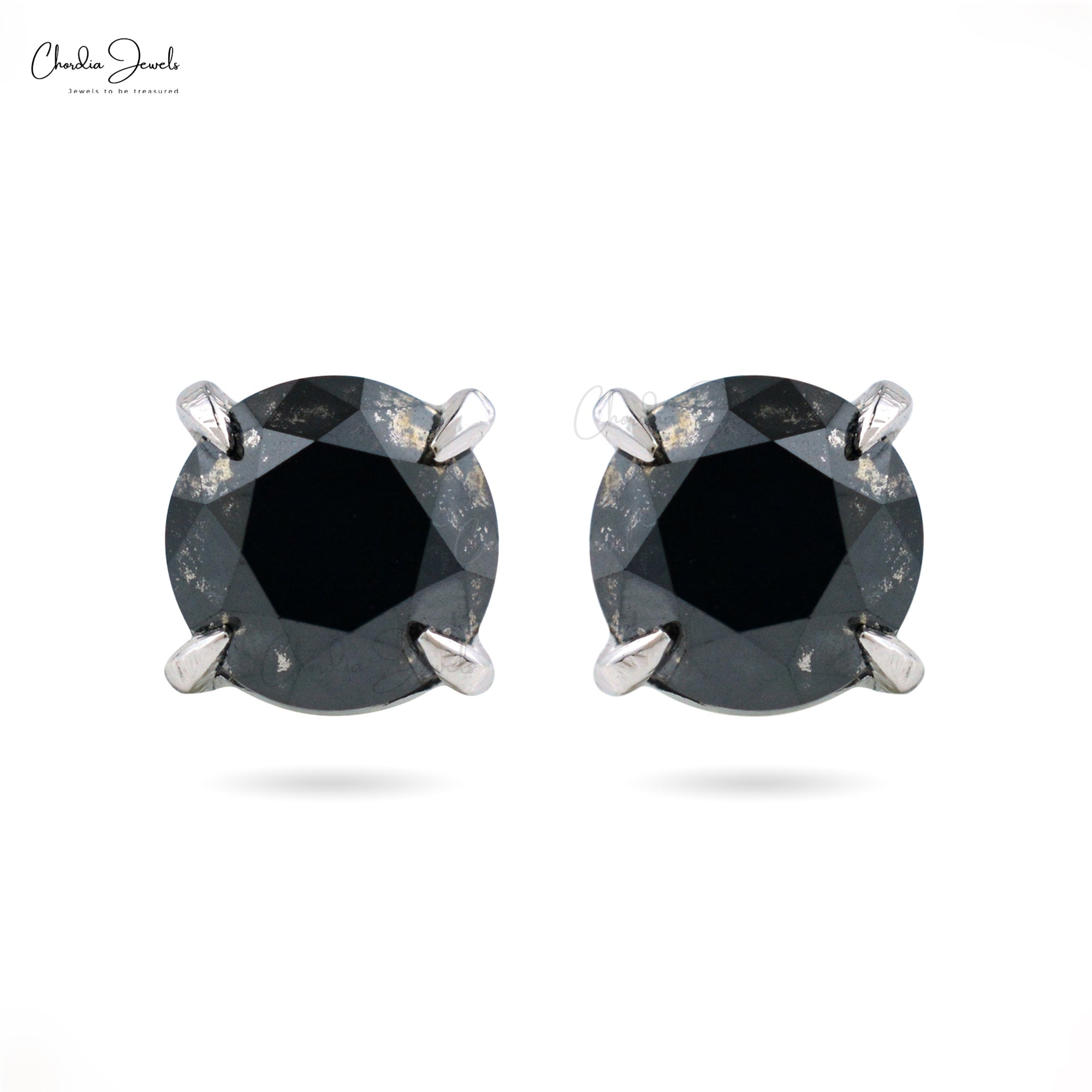 Solid 14k White Gold Solitaire Studs With 6mm Black Diamond Push Back Handmade Earrings