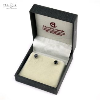 Solid 14k White Gold Solitaire Studs With 6mm Black Diamond Push Back Handmade Earrings