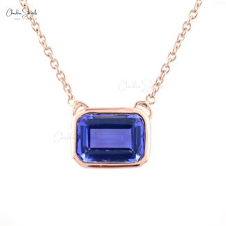 Solitaire Thin Chain Necklace In 14k Solid Rose Gold Tanzanite 7x5mm Octagon Necklaces