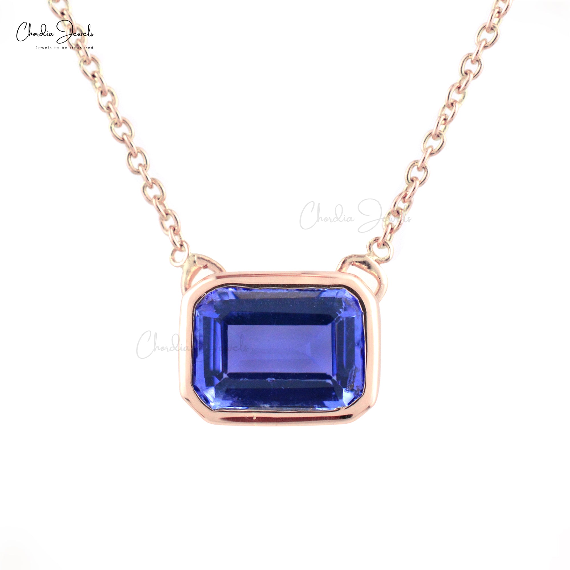 Solitaire Thin Chain Necklace In 14k Solid Rose Gold Tanzanite 7x5mm Octagon Necklaces