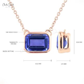 Solitaire Thin Chain Necklace In 14k Solid Rose Gold Tanzanite 7x5mm Octagon Necklaces