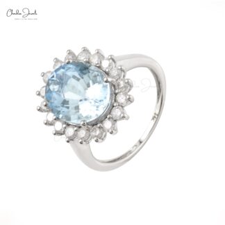 Halo Engagement Ring In Real 14k White Gold Aquamarine And Diamond Bridal Rings