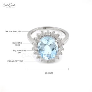Halo Engagement Ring In Real 14k White Gold Aquamarine And Diamond Bridal Rings