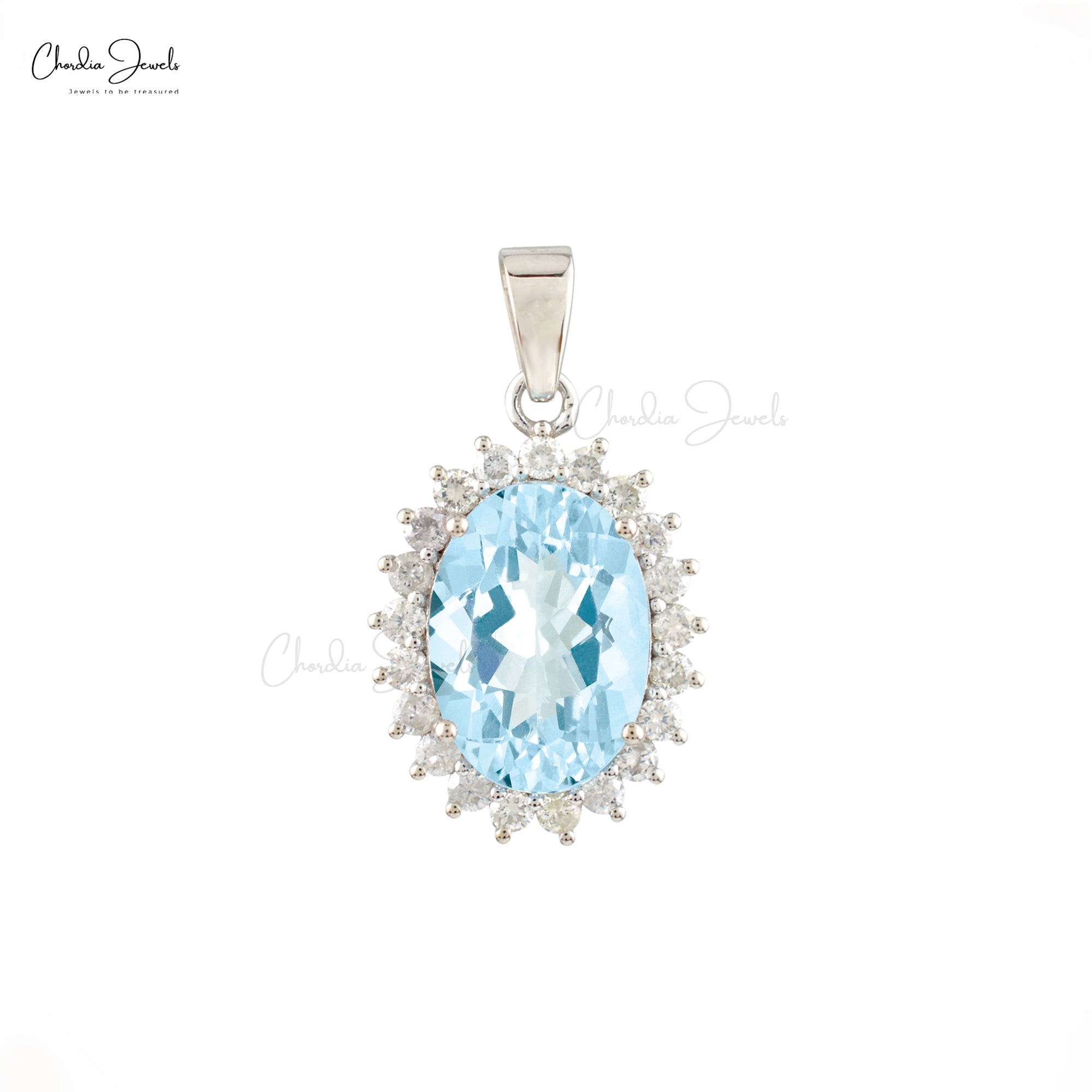 Oval Wedding Pendant With 4.47 Ct Aquamarine Halo Diamond Pendant In 14k White Gold