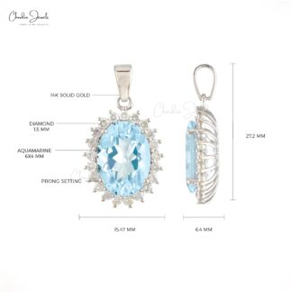 Oval Wedding Pendant With 4.47 Ct Aquamarine Halo Diamond Pendant In 14k White Gold