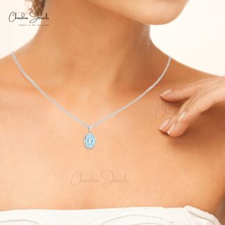 Oval Wedding Pendant With 4.47 Ct Aquamarine Halo Diamond Pendant In 14k White Gold