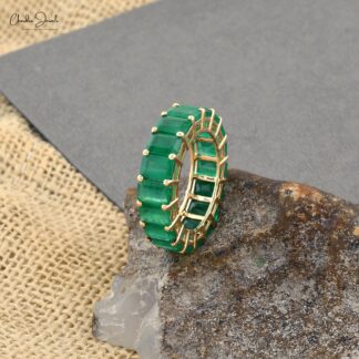 Stack Full Eternity Band With 6x4mm Emerald IGI Certified 14k Yellow Gold Women Ring