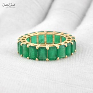 Stack Full Eternity Band With 6x4mm Emerald IGI Certified 14k Yellow Gold Women Ring