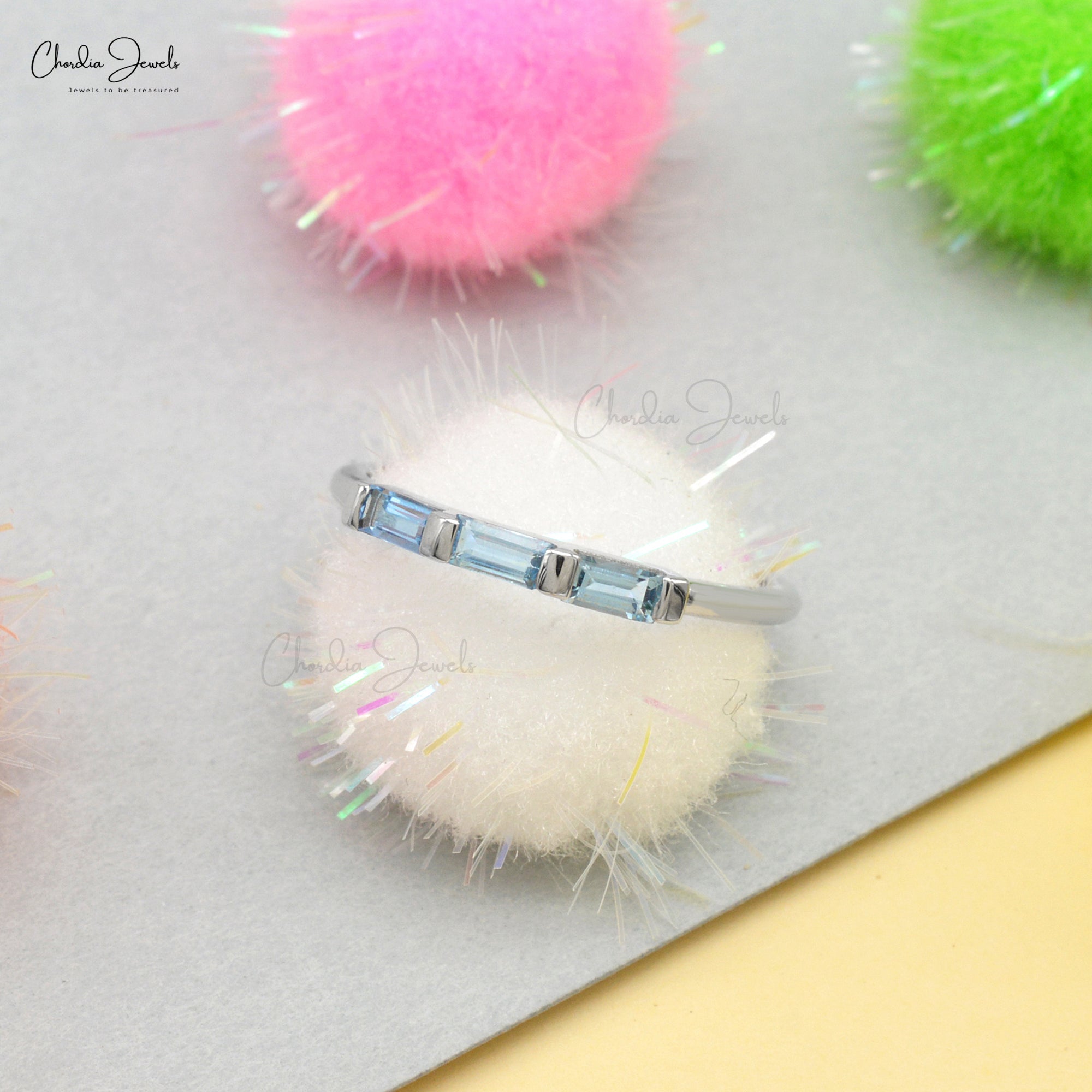 Natural Aquamarine Trilogy Ring With 0.24 Ct Gemstone Stackable Ring In 14k White Gold