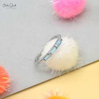 Natural Aquamarine Trilogy Ring With 0.24 Ct Gemstone Stackable Ring In 14k White Gold