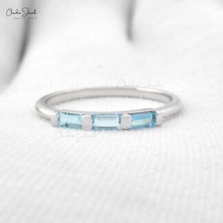 Natural Aquamarine Trilogy Ring With 0.24 Ct Gemstone Stackable Ring In 14k White Gold