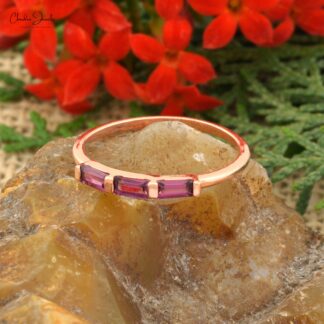 Pure 14k Rose Gold Stacking Ring With 0.24 Ct Rhodolite Garnet 3 Stone Dainty Ring