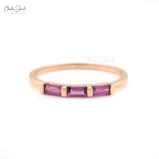 Pure 14k Rose Gold Stacking Ring With 0.24 Ct Rhodolite Garnet 3 Stone Dainty Ring
