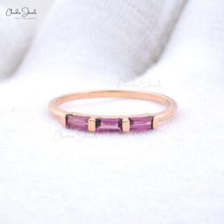 Pure 14k Rose Gold Stacking Ring With 0.24 Ct Rhodolite Garnet 3 Stone Dainty Ring