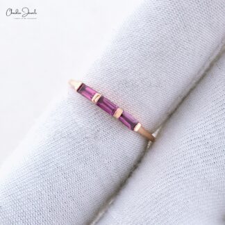 Pure 14k Rose Gold Stacking Ring With 0.24 Ct Rhodolite Garnet 3 Stone Dainty Ring