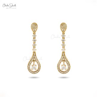 Dangling Drop Earring With 3mm Round Diamond Pave Set in 14k Yellow Gold Wedding Earrings