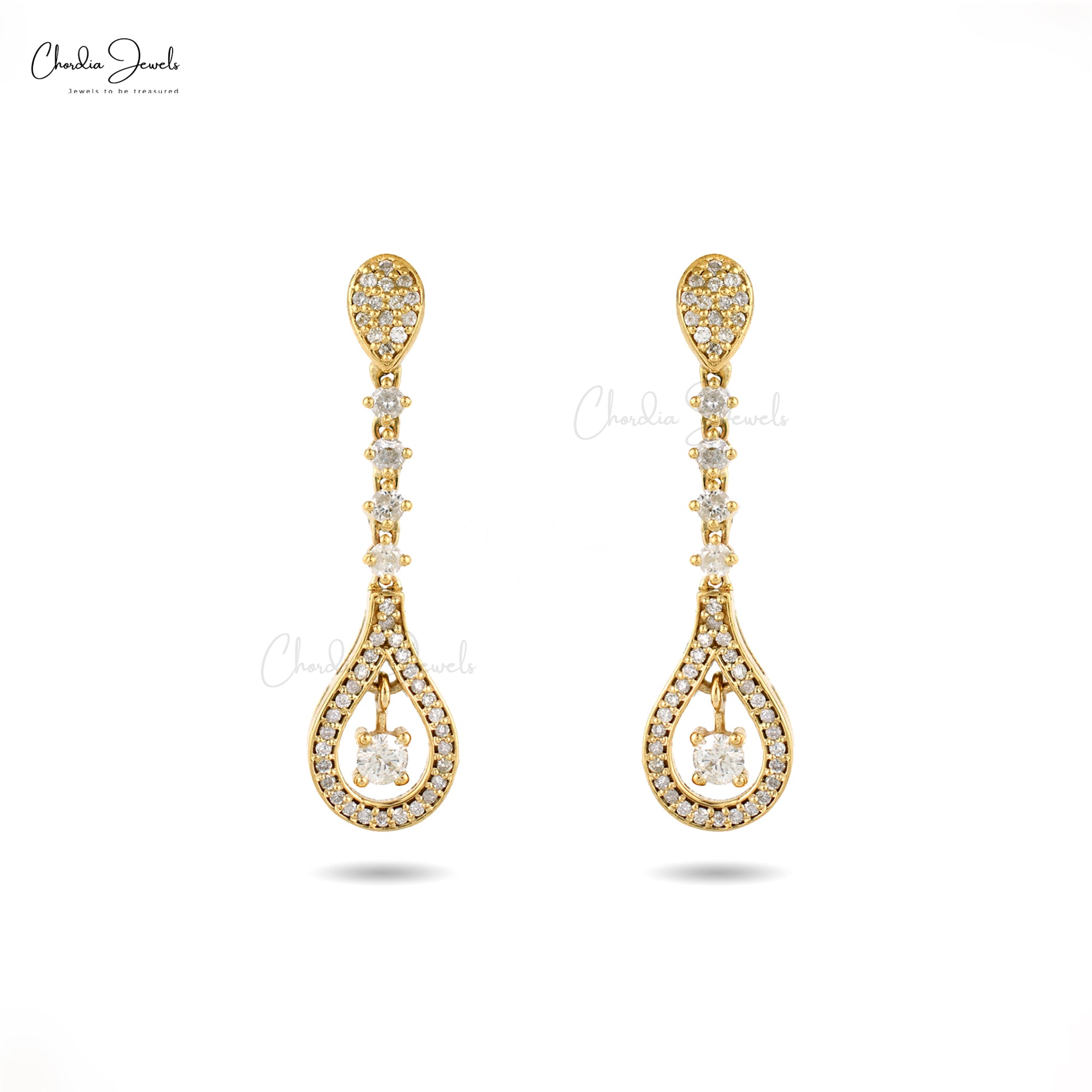 Dangling Drop Earring With 3mm Round Diamond Pave Set in 14k Yellow Gold Wedding Earrings