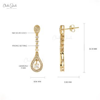 Dangling Drop Earring With 3mm Round Diamond Pave Set in 14k Yellow Gold Wedding Earrings
