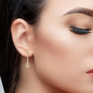 Dangling Drop Earring With 3mm Round Diamond Pave Set in 14k Yellow Gold Wedding Earrings