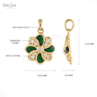 Round Cut Art Deco Pendant In Solid 14k Yellow Gold G-H Diamond Enamel Flower Jewelry