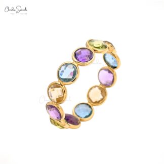 Multi Gemstone Eternity Band With 4mm Round Cut Bezel Set In 14k Yellow Gold Stack Ring