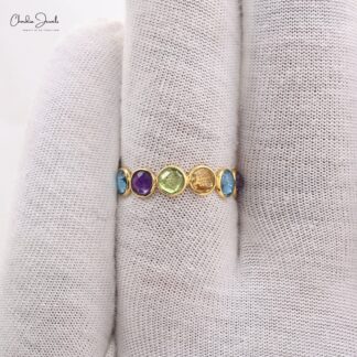 Natural Multi Stone Eternity Ring 14k Solid Yellow Gold 4mm Round Gemstone Promise Ring Size-US 5