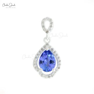 AAA Tanzanite Art Deco Pendant With Halo Diamond Accents In 14k White Gold Women Jewelry