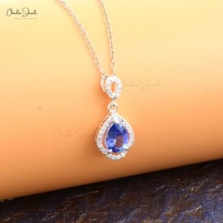 AAA Tanzanite Art Deco Pendant With Halo Diamond Accents In 14k White Gold Women Jewelry