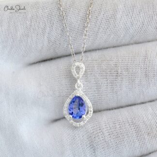 AAA Tanzanite Art Deco Pendant With Halo Diamond Accents In 14k White Gold Women Jewelry