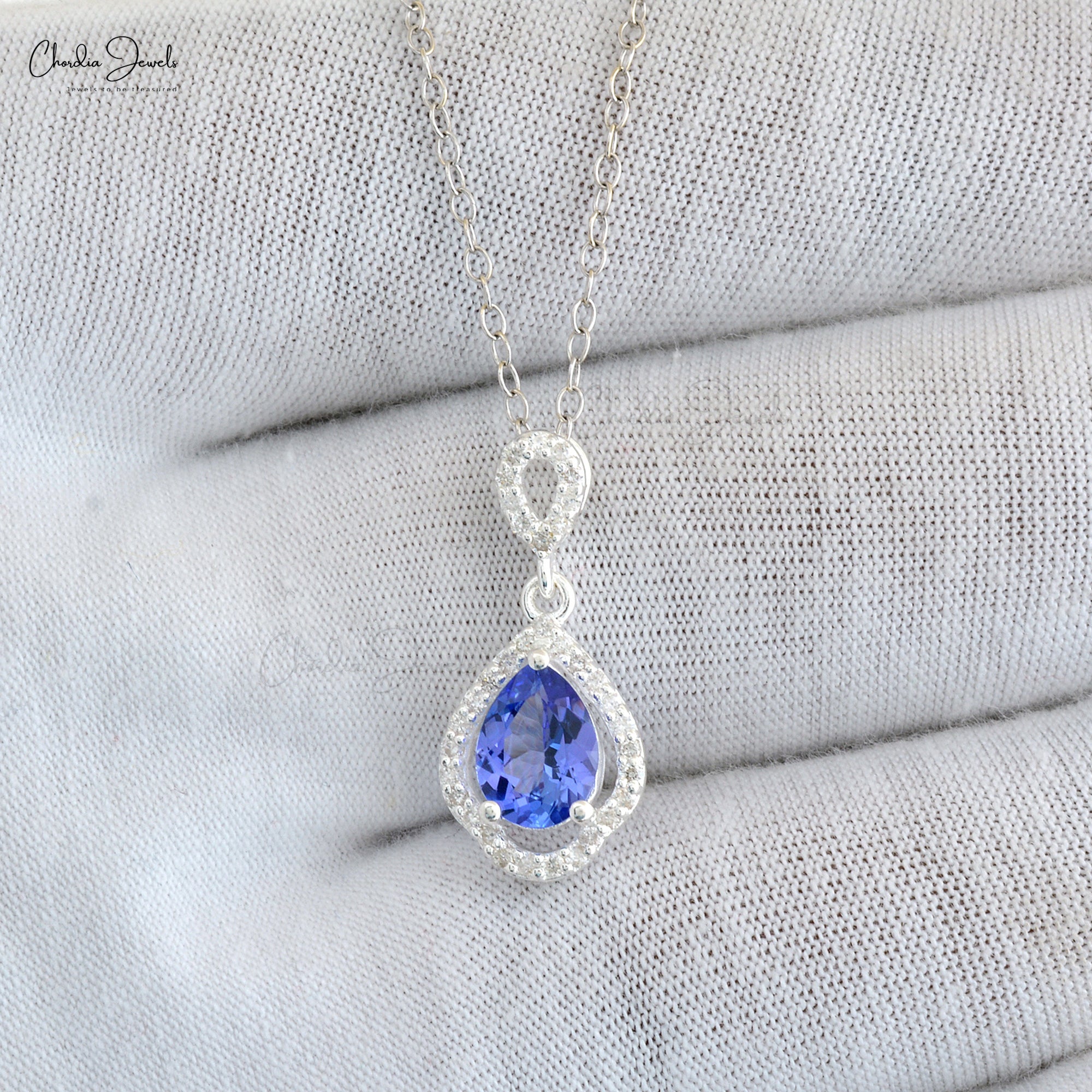 AAA Tanzanite Art Deco Pendant With Halo Diamond Accents In 14k White Gold Women Jewelry