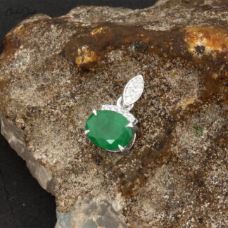 Solid 14k White Gold Emerald & Diamond Light Weight Pendant