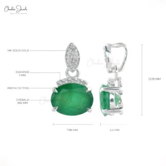 Solid 14k White Gold Emerald & Diamond Light Weight Pendant