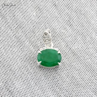 Solid 14k White Gold Emerald & Diamond Light Weight Pendant