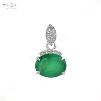 Solid 14k White Gold Emerald & Diamond Light Weight Pendant