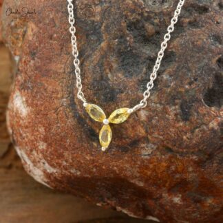 Cluster Gemstone Necklace In 14k Pure Gold Yellow Sapphire Triple Marquise Chain Necklace