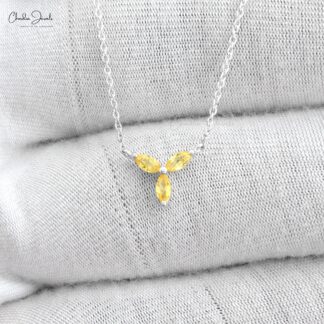 Cluster Gemstone Necklace In 14k Pure Gold Yellow Sapphire Triple Marquise Chain Necklace