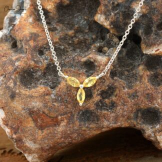 Cluster Gemstone Necklace In 14k Pure Gold Yellow Sapphire Triple Marquise Chain Necklace