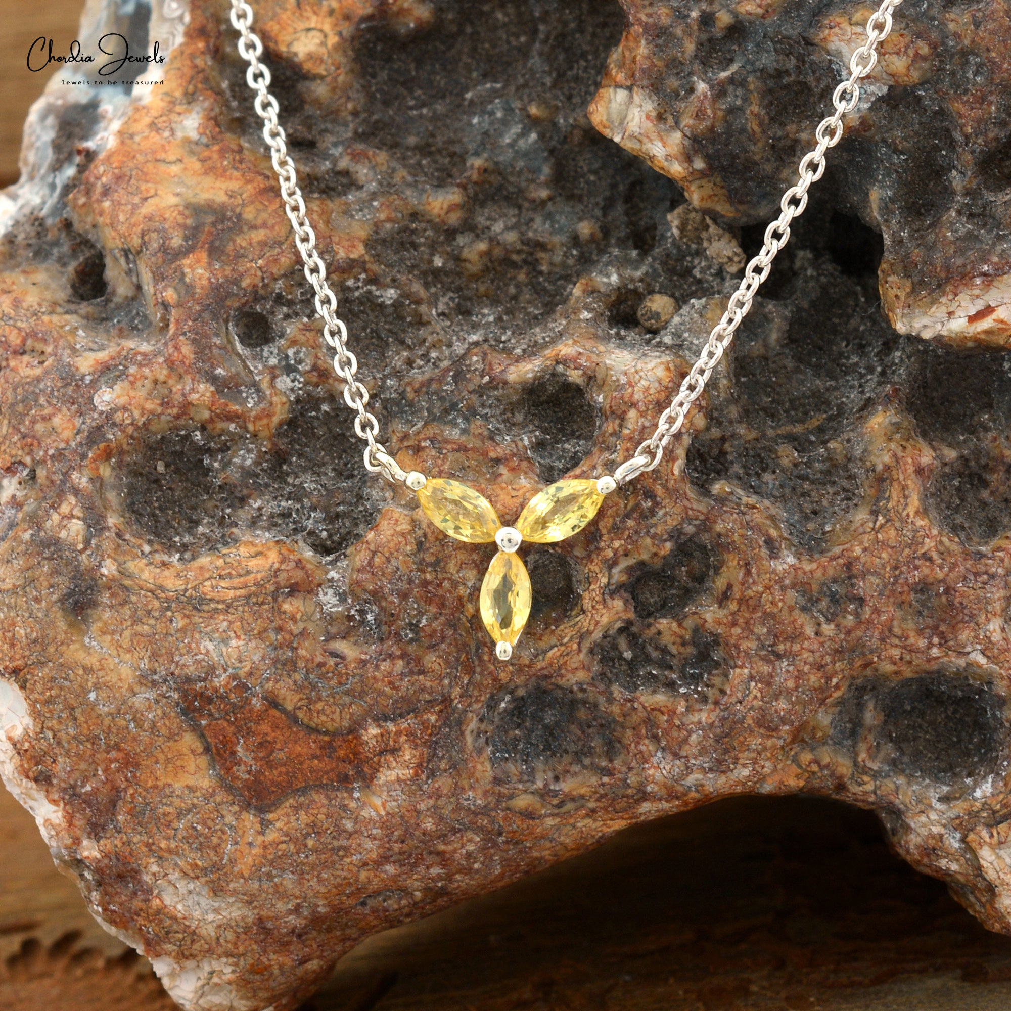 Cluster Gemstone Necklace In 14k Pure Gold Yellow Sapphire Triple Marquise Chain Necklace