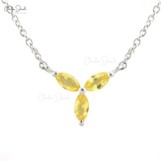 Cluster Gemstone Necklace In 14k Pure Gold Yellow Sapphire Triple Marquise Chain Necklace