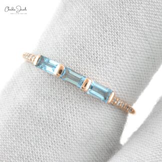 Natural 4X2mm Baguette Cut Aquamarine Ring in 14k Solid Rose Gold