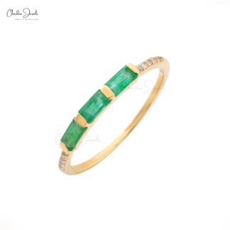 Triple Baguette Emerald Band In 14k Yellow Gold G-H Diamond Stacking Rings For Her