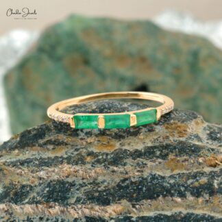Triple Baguette Emerald Band In 14k Yellow Gold G-H Diamond Stacking Rings For Her