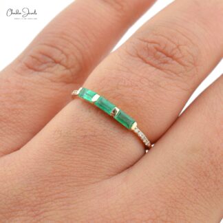 Triple Baguette Emerald Band In 14k Yellow Gold G-H Diamond Stacking Rings For Her