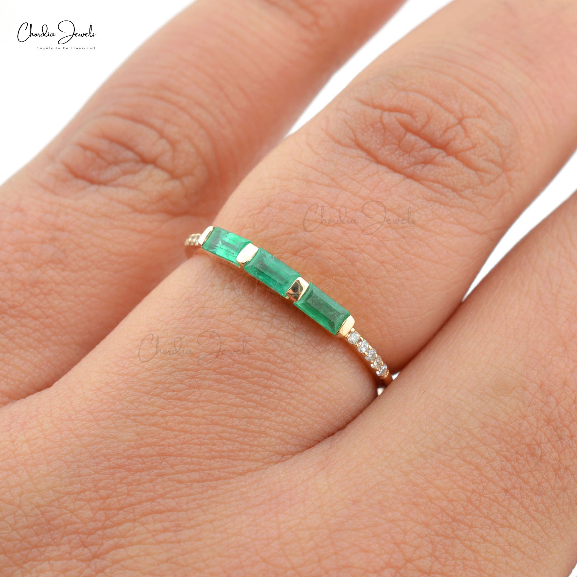 Triple Baguette Emerald Band In 14k Yellow Gold G-H Diamond Stacking Rings For Her