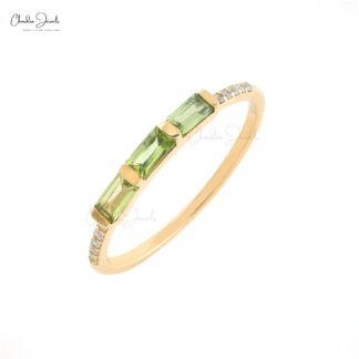Dainty Stacking Band with 0.24 Ct Green Peridot And Diamond 14k Yellow Gold Ring
