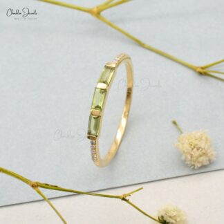 Dainty Stacking Band with 0.24 Ct Green Peridot And Diamond 14k Yellow Gold Ring